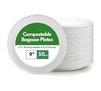 CaterCo Disposable Bagasse Paper Plates - White Eco-Friendly, Compostable, Super Rigid Tableware, Biodegradable, Sugarcane Plate, Heavy-Duty for Parties, Picnics, BBQs, Microwavable - 9 Inch, 50 Pack