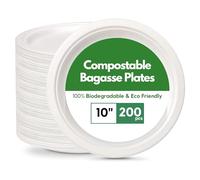 CaterCo Disposable Bagasse Paper Plates - White Eco-Friendly, Compostable, Super Rigid Tableware, Biodegradable, Sugarcane Plate, Heavy-Duty for Parties, Picnics, BBQs, Microwavable - 10 Inch 200 Pack