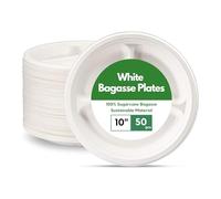 CaterCo Disposable Bagasse Paper Plates - White Eco-Friendly, Compostable, Super Rigid Tableware, Biodegradable, Sugarcane Plate, Heavy-Duty for Parties, Picnics, BBQs - 10 Inch 3 Compartment 50 Pack