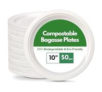 CaterCo Disposable Bagasse Paper Plates - White Eco-Friendly, Compostable, Super Rigid Tableware, Biodegradable, Sugarcane Plate, Heavy-Duty for Parties, Picnics, BBQs, Microwavable - 10 Inch 50 Pack