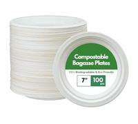 CaterCo Disposable Bagasse Paper Plates - White Eco-Friendly, Compostable, Super Rigid Tableware, Biodegradable, Sugarcane Plate, Heavy-Duty for Parties, Picnics, BBQs, Microwavable - 7 Inch, 100 Pack
