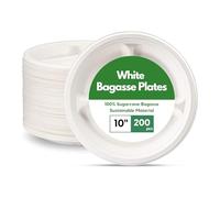 CaterCo Disposable Bagasse Paper Plates - White Eco-Friendly, Compostable, Super Rigid Tableware, Biodegradable, Sugarcane Plate, Heavy-Duty for Parties, Picnics, BBQs - 10 Inch 3 Compartment 200 Pack