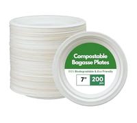 CaterCo Disposable Bagasse Paper Plates - White Eco-Friendly, Compostable, Super Rigid Tableware, Biodegradable, Sugarcane Plate, Heavy-Duty for Parties, Picnics, BBQs, Microwavable - 7 Inch, 200 Pack