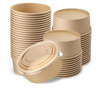 CaterCo Disposable Kraft Salad Containers with Lids (750ml - 50 Sets) - Food Bowls for Hot/Cold Use for Takeaway, Round Leakproof Kraft Paper Container, Microwavable, Eco-Friendly (750ml - 50 Sets)