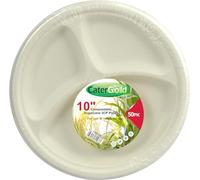 Catergold 10" Basasse Compartment Plates Eco-Friendly 3CP Super Strong Sugarcane Tray Lunch Dinner Party Plates White 50 Pcs