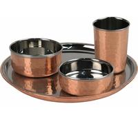 Catergold 4-Piece Copper and Stainless Steel Traditional Indian Thali Dining Set, Hammered Finish, 28cm Plate, 2 Katoris, 300ml Tumbler