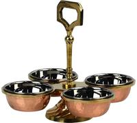 Catergold Traditional Pickle, Dipping Sauce, Snacks Set with 4 Bowls 480ml Brass Stand, Copper & Stainless Steel Hammered Round Shape Serving Dish for Condiments