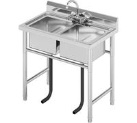 Catering Sink Commercial Stainless Steel Double Bowl Unit, Stainless Steel Restaurant Kitchen Sink(100x60x94cm)