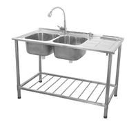 Catering Sink Stainless Steel Kitchen Commercial Restaurant Double Bowl Storage Shelf Unit & Tap / Right Hand Drainer Silver