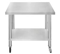 Catering Work Bench Table Stainless Steel Food Prep Kitchen Mobile 4 x Castor Wheels With 2 Brakes & 4 Adaptable Feet Adjustable Lower Shelf 3 Positions 160kg Load Capacity 90cm x 76cm x 86cm