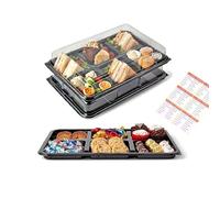 Caterline 5 Large (450mm x 310mm) 6 Cavity Party Platters with 6 x 130mm Square Cavities, Clear Lids and Allergy Labels. Reusable and eco-Friendly. Afternoon Teas & Diwali