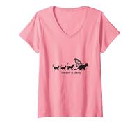 Caterpillar to Caterfly: Whimsical Cat Evolution Art V-Neck T-Shirt, Women, Pink, S