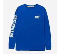 CAT Caterpillar Trademark Banner Long Sleeve Tee Shirts for Men with Center Back Neck Wire Management Loop Workwear Logo, Memphis Blue, S