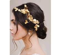 Catery Flower Bride Headband Gold Petal Hair Vine Pearl Bridal Headpiece Floral Golden Leaf Hair Piece Wedding Hair Accessories for Women and Girls