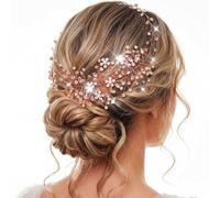 Catery Flower Bride Wedding Headband Silver Crystal Pearl Hair Vine Braid Headpiece Bridal Hair Accessories for Women (Rose Gold)