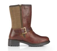 Catesby Women's Kilsby Tweed Leather Fleece Lined Mid Calf Boots | Herringbone panels, twin side zips, antique brass buckle, low block heel and chunky cleated grip sole for cold walks