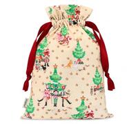 Cath Kidston Christmas Drawstring Gift Bag, Reusable Fabric Present Sack with Festive Characters, Christmas Trees and Red Ribbon Ties