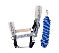 Cath Kidston Cob Blue Headcollar & Lead Rope Set, Adjustable Poll & Noseband, Soft Teddy Boucle Lining, Durable Webbing & Metal Hardware, For Everyday Stable & Yard Use - Strawberry Garden