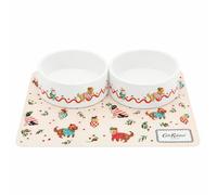 Cath Kidston Feeding Set for Medium & Large Dogs, 2 Ceramic Dishwasher Safe Food & Water Bowls (1.4L) with Waterproof Mat (40 × 28cm), Hearts & Roses Print