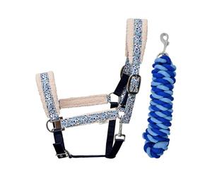 Cath Kidston Pony Blue Headcollar & Lead Rope Set, Adjustable Poll & Noseband, Soft Teddy Boucle Lining, Durable Webbing & Metal Hardware, For Everyday Stable & Yard Use - Strawberry Garden