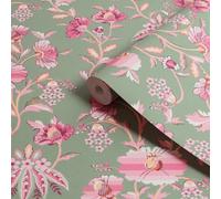 Cath Kidston Sage & Pink Friendship Garden Patterned Smooth Wallpaper