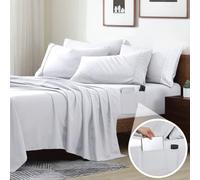 Cathay Home King Double-Sided Organizer Pocket Fitted Smart Sheet - Double Brushed Ultra Soft - Wrinkle & Fade Resistant - 14" Deep Pocket Fitted Sheet Only (King, White)