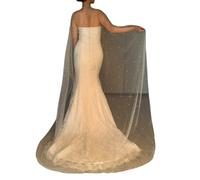 Cathedral Length Bridal Wedding Shawl Pearls Embellished Elastic Design Airy Net Fabric Bride Accessory Elastic Fit Wedding Ceremony Shawl