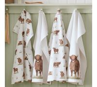 Catherine Lansfield Angus Highland Cow Cotton 50X75Cm Kitchen Tea Towel Pack Of 4 Natural