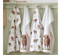 Catherine Lansfield Angus Highland Cow Cotton 50x75cm Kitchen Tea Towel Pack of 4 Natural