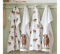 Catherine Lansfield Angus Highland Cow Cotton 50x75cm Kitchen Tea Towel Pack of 4 Natural