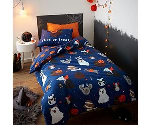Catherine Lansfield Bedding Halloween Dogs Glow in the Dark Double Duvet Cover Set with Pillowcases Blue