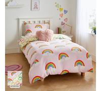 Catherine Lansfield Rainbow Hearts Cosy Fleece Reversible Single Duvet Cover Set with Pillowcase Pink