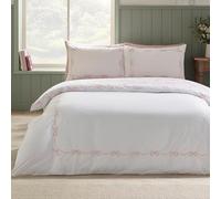 Catherine Lansfield Bow Embroidery Double Duvet Cover Set with Pillowcases White/Pink