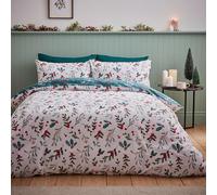 Catherine Lansfield Holly & Mistletoe 100% Brushed Cotton Reversible Duvet Cover and Pillowcase Set Green