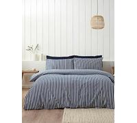 Catherine Lansfield Brushed Stripe Cotton Reversible Super King Duvet Cover Set with Pillowcases Navy Blue