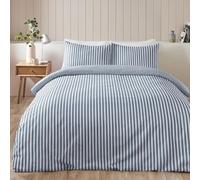 Catherine Lansfield Duvet Cover Set Brushed Stripe Cotton Reversible Single Blue with Pillowcase
