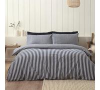 Catherine Lansfield Brushed Cotton Stripe Reversible Super King Duvet Cover Set with Pillowcases Navy Blue