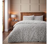 Catherine Lansfield Brushed Grace Floral Leaf Cotton Reversible Double Duvet Cover Set with Pillowcases Grey