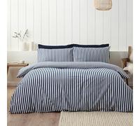 Catherine Lansfield Brushed Stripe Cotton Reversible Double Duvet Cover Set with Pillowcases Navy Blue