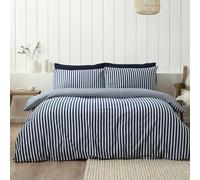 Catherine Lansfield Brushed Stripe Cotton Reversible Super King Duvet Cover Set with Pillowcases Navy Blue
