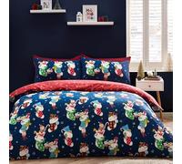 Catherine Lansfield Christmas Elves Cotton Rich Double Duvet Cover Set with Pillowcase Navy Blue