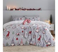 Catherine Lansfield Christmas Festive Gnomes Cosy Fleece King Duvet Cover Set with Pillowcases Grey