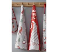 Catherine Lansfield Christmas Gnomes Cotton 50x75cm Kitchen Tea Towel Pack of 4 Grey Red