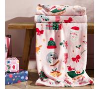 Catherine Lansfield Christmas Happy Holidays Cosy Fleece 130X170Cm Blanket Throw Pink
