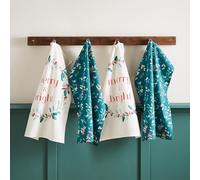 Catherine Lansfield Christmas Holly and Mistletoe Cotton 50x75 cm Kitchen Tea Towel Pack of 4 Green