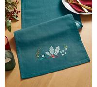 Catherine Lansfield Christmas Holly and Mistletoe Embroidered Cotton 32x220 cm Dining Table Runner Green