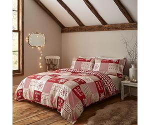 Catherine Lansfield Christmas Let It Snow Single Duvet Cover and Pillowcase Red Natural