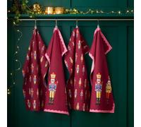 Catherine Lansfield Christmas Nutcracker Kitchen Tea Towel Pack of 4 Plum