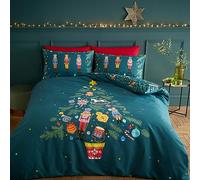 Dunelm Catherine Lansfield Green Christmas Nutcracker Reversible Duvet Cover & Pillowcase Set, Size: Kingsize Green