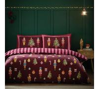 Catherine Lansfield Christmas Nutcracker Stripe Reversible Double Duvet Cover Set with Pillowcases Plum